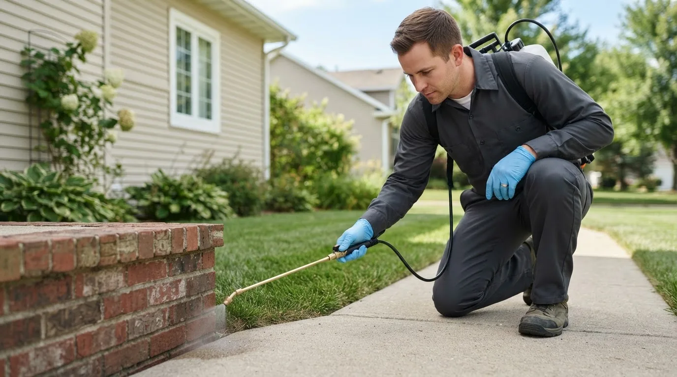 Pest control technician treating a home near Martensdale, IA