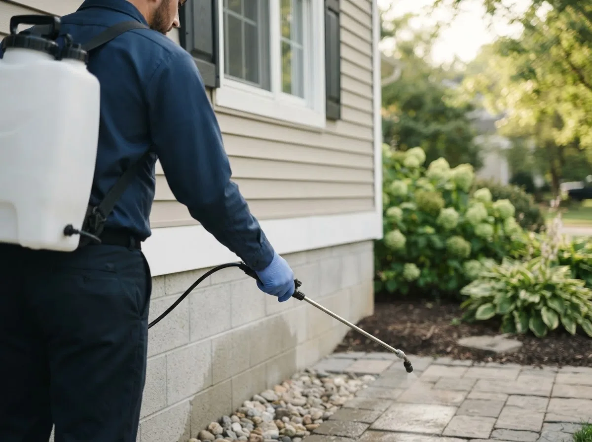 Pest control technician inspecting a home in Martensdale, IA